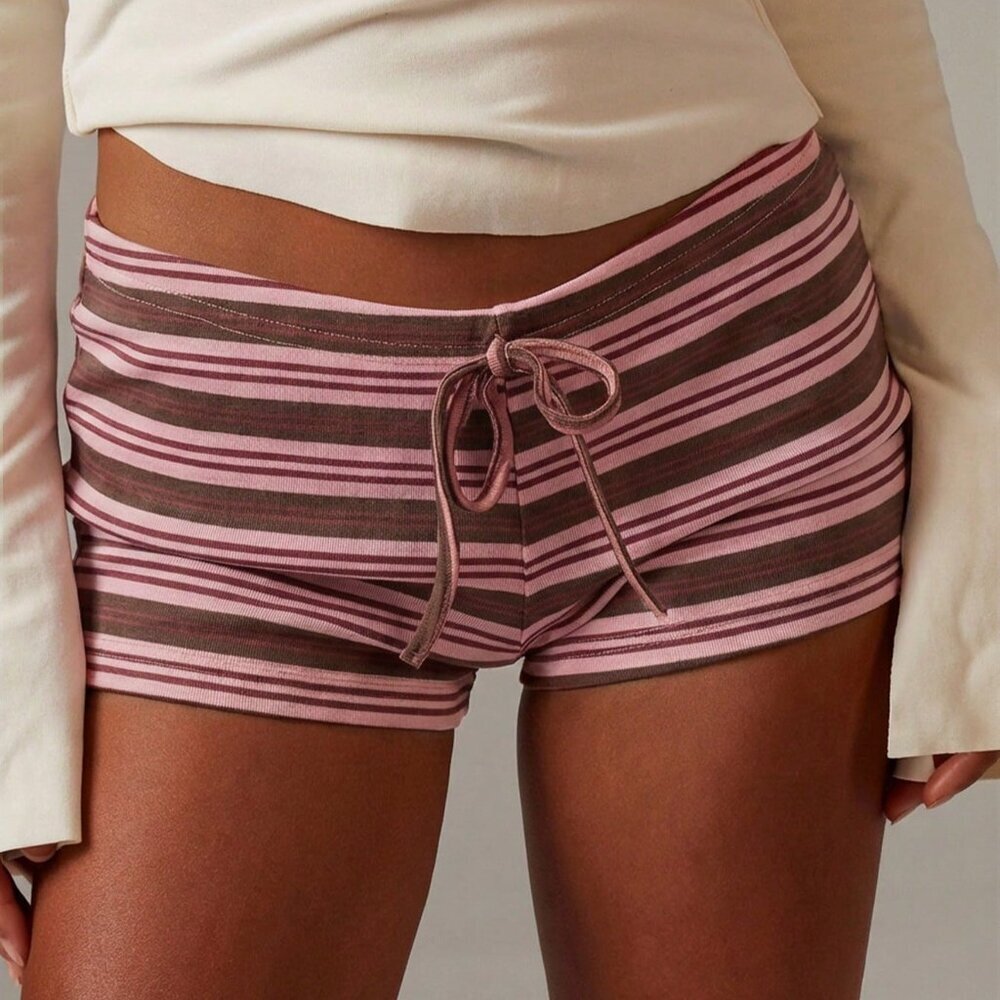 Brown Casual Women's Tie Waist Striped Skinny Shorts Vacation